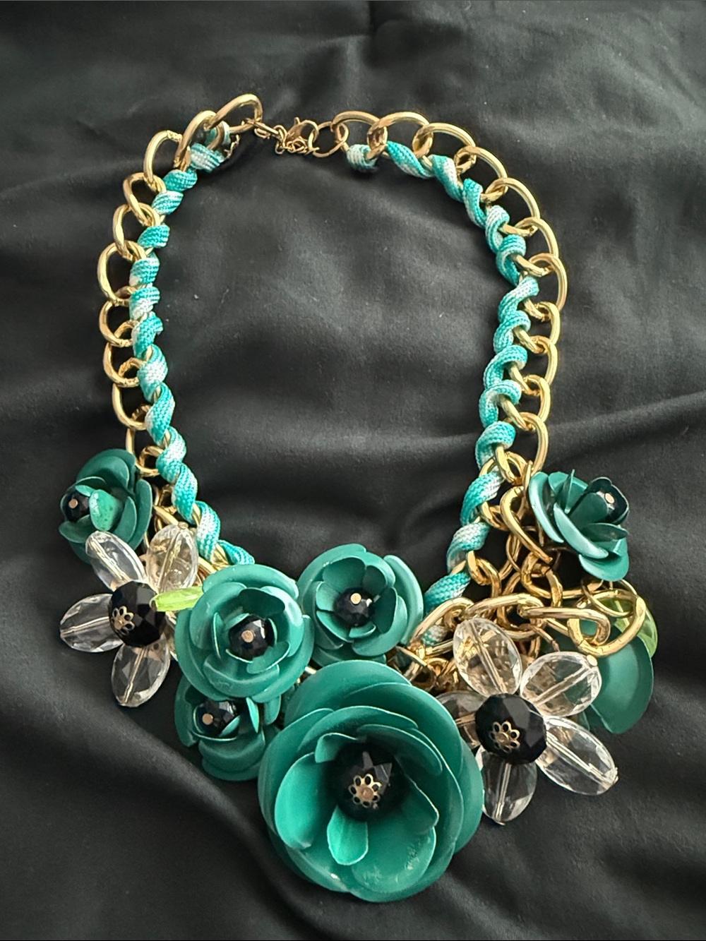 Teal Floral Statement Necklace with Gold Chain - Women Jewelry